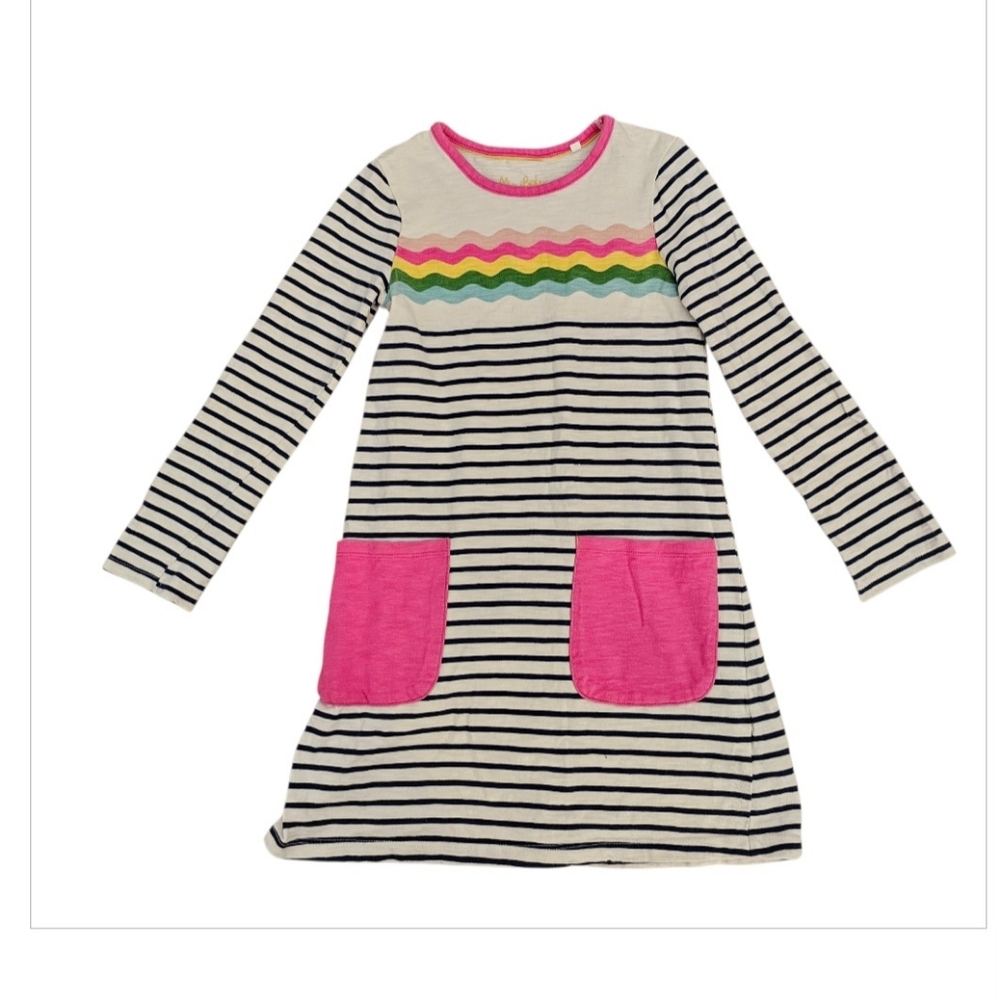 Mini Boden Fun Pocket Jersey Dress Navy Ivory Rainbow Wave 9-10 Year 100% Cotton